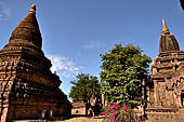 The cluster of red brick temples, named Khay-min-gha on the map on the North plain of Bagan. Myanmar. 